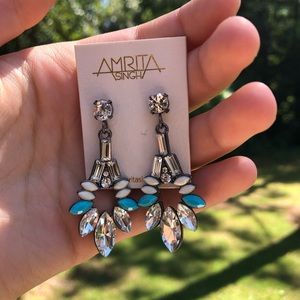 Austrian Crystal & Ivory & Turquoise Goa Evening Drop Earrings Pierced